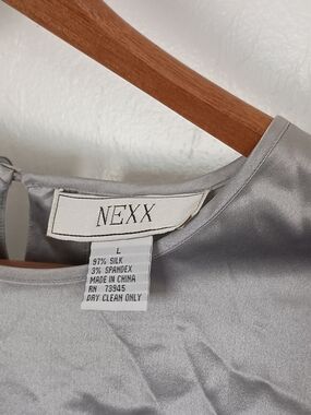 NEXX Silk Blouse Gray Short Sleeve Round Neck Button Silk Spandex Women's L